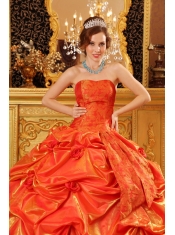 Orange Red Ball Gown Sweetheart Strapless Floor-length Taffeta Hand Made Flowers Quinceanera Dress