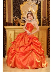 Orange Red Ball Gown Sweetheart Strapless Floor-length Taffeta Hand Made Flowers Quinceanera Dress