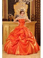 Orange Red Ball Gown Sweetheart Strapless Floor-length Taffeta Hand Made Flowers Quinceanera Dress