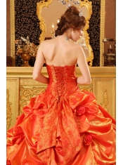 Orange Red Ball Gown Sweetheart Strapless Floor-length Taffeta Hand Made Flowers Quinceanera Dress