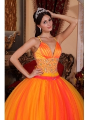 Orange Red Ball Gown V-neck Floor-length Taffeta and Tulle Beading Quinceanera Dress