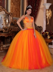 Orange Red Ball Gown V-neck Floor-length Taffeta and Tulle Beading Quinceanera Dress