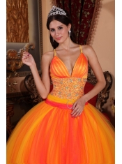 Orange Red Ball Gown V-neck Floor-length Taffeta and Tulle Beading Quinceanera Dress