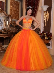 Orange Red Ball Gown V-neck Floor-length Taffeta and Tulle Beading Quinceanera Dress