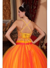 Orange Red Ball Gown V-neck Floor-length Taffeta and Tulle Beading Quinceanera Dress