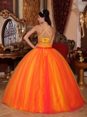 Orange Red Ball Gown V-neck Floor-length Taffeta and Tulle Beading Quinceanera Dress