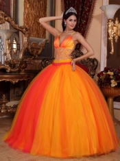 Orange Red Ball Gown V-neck Floor-length Taffeta and Tulle Beading Quinceanera Dress