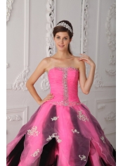 Pink and Black A-Line / Princess Strapless Floor-length Organza Appliques Quinceanera Dress