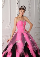 Pink and Black A-Line / Princess Strapless Floor-length Organza Appliques Quinceanera Dress