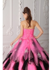 Pink and Black A-Line / Princess Strapless Floor-length Organza Appliques Quinceanera Dress