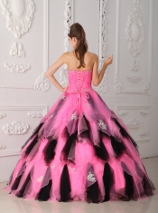 Pink and Black A-Line / Princess Strapless Floor-length Organza Appliques Quinceanera Dress