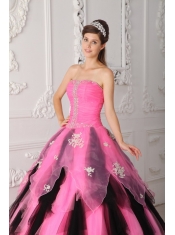 Pink and Black A-Line / Princess Strapless Floor-length Organza Appliques Quinceanera Dress