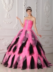 Pink and Black A-Line / Princess Strapless Floor-length Organza Appliques Quinceanera Dress