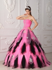 Pink and Black A-Line / Princess Strapless Floor-length Organza Appliques Quinceanera Dress