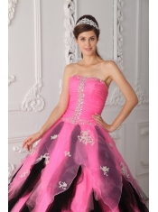 Pink and Black A-Line / Princess Strapless Floor-length Organza Appliques Quinceanera Dress