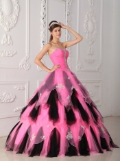 Pink and Black A-Line / Princess Strapless Floor-length Organza Appliques Quinceanera Dress