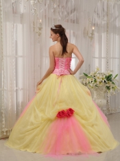 Pink and Yellow Ball Gown Strapless Floor-length Taffeta and Tulle Hand Flowers Quinceanera Dress