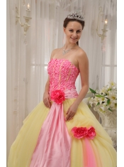 Pink and Yellow Ball Gown Strapless Floor-length Taffeta and Tulle Hand Flowers Quinceanera Dress