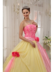 Pink and Yellow Ball Gown Strapless Floor-length Taffeta and Tulle Hand Flowers Quinceanera Dress