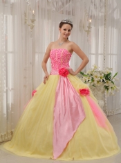 Pink and Yellow Ball Gown Strapless Floor-length Taffeta and Tulle Hand Flowers Quinceanera Dress