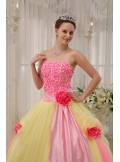 Pink and Yellow Ball Gown Strapless Floor-length Taffeta and Tulle Hand Flowers Quinceanera Dress