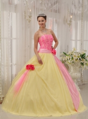 Pink and Yellow Ball Gown Strapless Floor-length Taffeta and Tulle Hand Flowers Quinceanera Dress