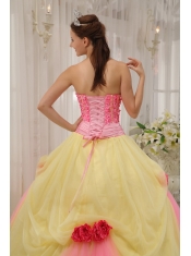 Pink and Yellow Ball Gown Strapless Floor-length Taffeta and Tulle Hand Flowers Quinceanera Dress