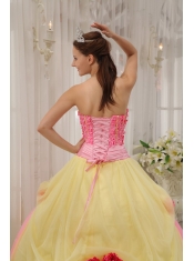 Pink and Yellow Ball Gown Strapless Floor-length Taffeta and Tulle Hand Flowers Quinceanera Dress