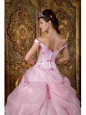 Pink Ball Gown Off The Shoulder Floor-length Organza Appliques Quinceanera Dress