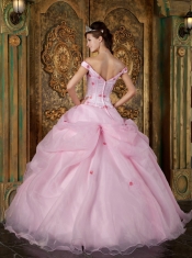 Pink Ball Gown Off The Shoulder Floor-length Organza Appliques Quinceanera Dress