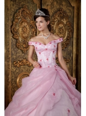 Pink Ball Gown Off The Shoulder Floor-length Organza Appliques Quinceanera Dress