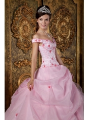 Pink Ball Gown Off The Shoulder Floor-length Organza Appliques Quinceanera Dress