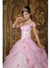Pink Ball Gown Off The Shoulder Floor-length Organza Appliques Quinceanera Dress