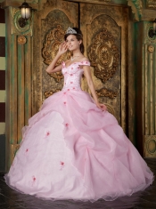 Pink Ball Gown Off The Shoulder Floor-length Organza Appliques Quinceanera Dress