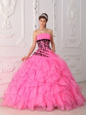 Pink Ball Gown Strapless Floor-length Appliques and Ruch Quinceanera Dress