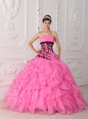 Pink Ball Gown Strapless Floor-length Appliques and Ruch Quinceanera Dress