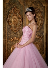 Pink Ball Gown Strapless Floor-length Appliques Tulle Quinceanera Dress