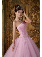 Pink Ball Gown Strapless Floor-length Appliques Tulle Quinceanera Dress