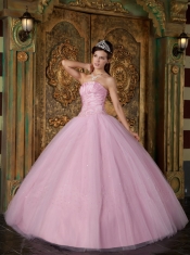 Pink Ball Gown Strapless Floor-length Appliques Tulle Quinceanera Dress