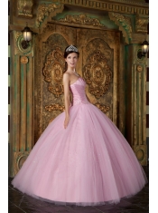 Pink Ball Gown Strapless Floor-length Appliques Tulle Quinceanera Dress