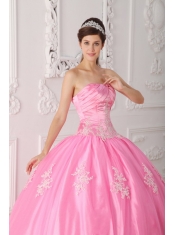 Pink Ball Gown Strapless Floor-length Lace Appliques Quinceanera Dress