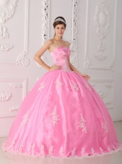 Pink Ball Gown Strapless Floor-length Lace Appliques Quinceanera Dress