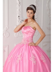 Pink Ball Gown Strapless Floor-length Lace Appliques Quinceanera Dress