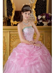 Pink Ball Gown Strapless Floor-length Organza Beading Quinceanera Dress
