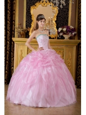 Pink Ball Gown Strapless Floor-length Organza Beading Quinceanera Dress