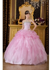 Pink Ball Gown Strapless Floor-length Organza Beading Quinceanera Dress