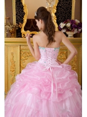 Pink Ball Gown Strapless Floor-length Organza Beading Quinceanera Dress