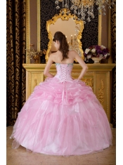 Pink Ball Gown Strapless Floor-length Organza Beading Quinceanera Dress