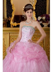 Pink Ball Gown Strapless Floor-length Organza Beading Quinceanera Dress
