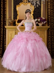 Pink Ball Gown Strapless Floor-length Organza Beading Quinceanera Dress